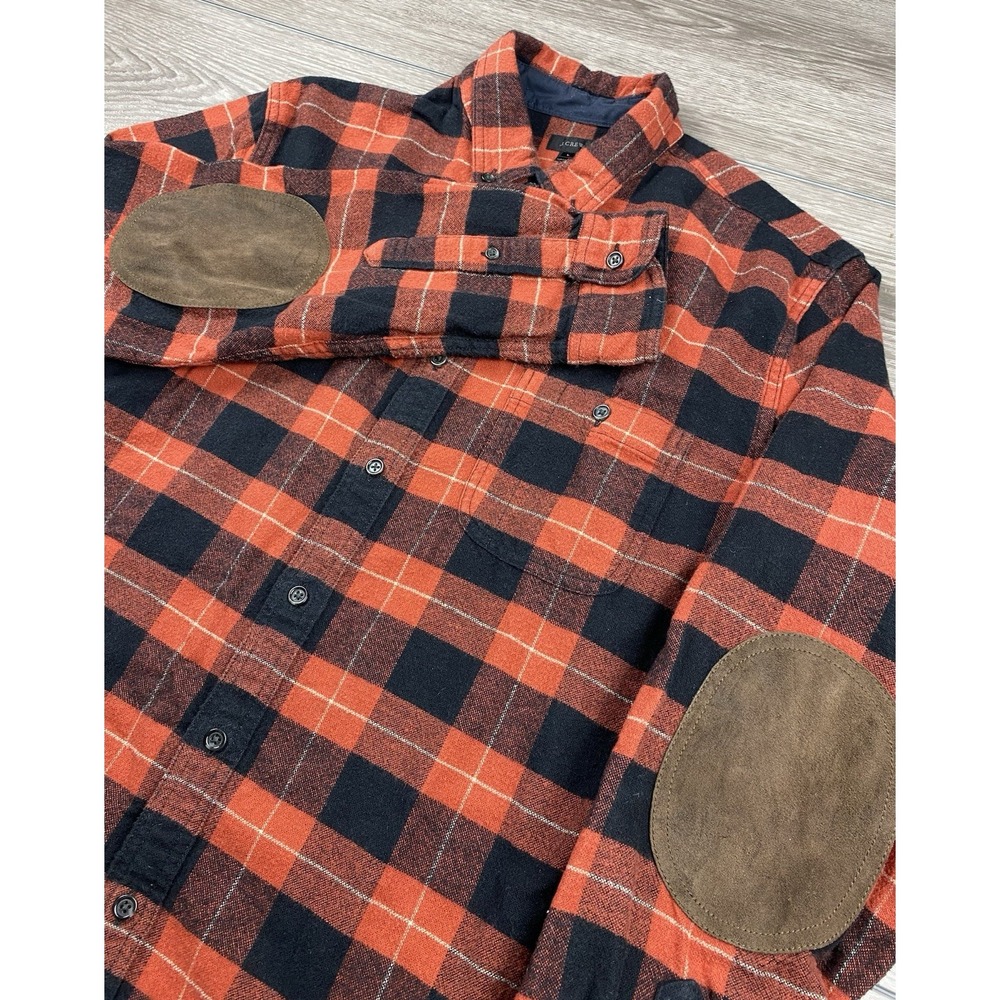 J.Crew Mens Flannel Shirt Elbow Patch Plaid Cotton Wool Orange Black Large